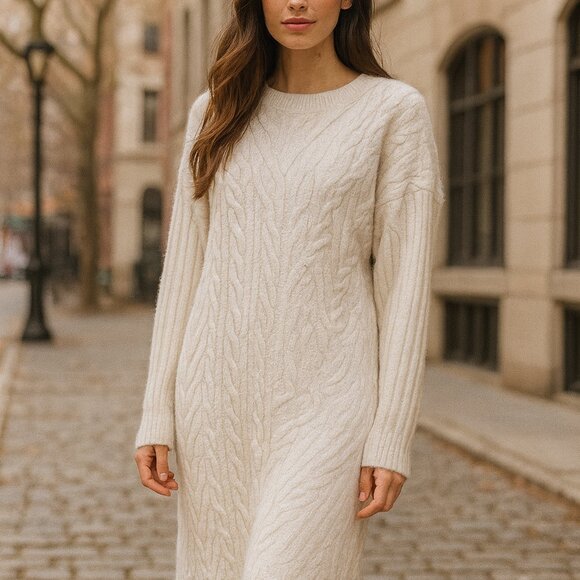 Nordstrom Wool Dress Stretch Cable Knit Sweater Midi Ivory Minimalist Size Large - Picture 1 of 10